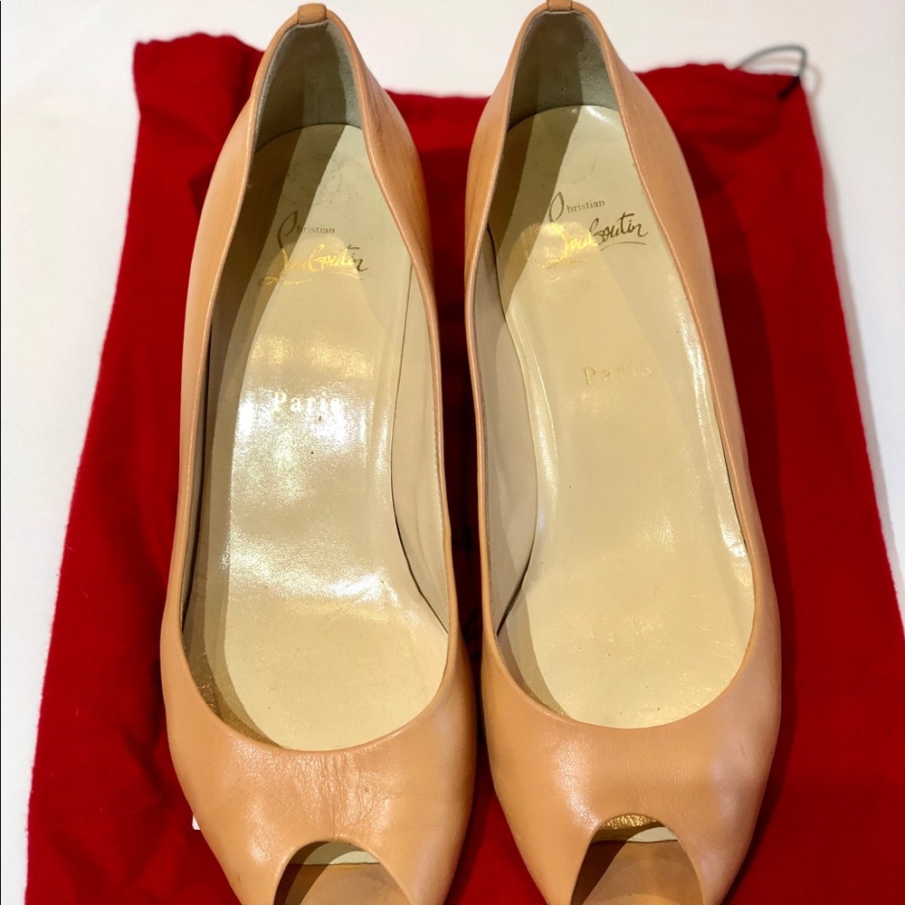Christian Louboutin Peach Leather Wedge Peep-Toe Pumps